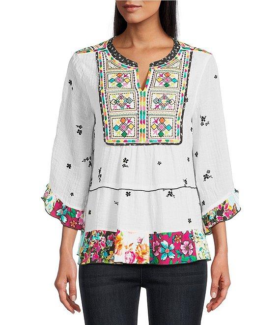 John Mark Flocked Floral-Embroidered Split Neck 3/4 Sleeve Top Product Image