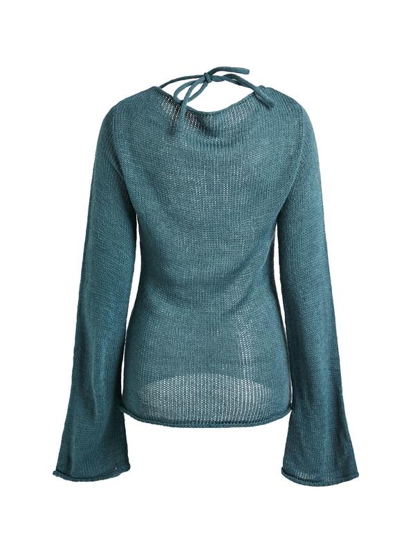 Solid Color Backless Lace Up Long Sleeve Knit Product Image