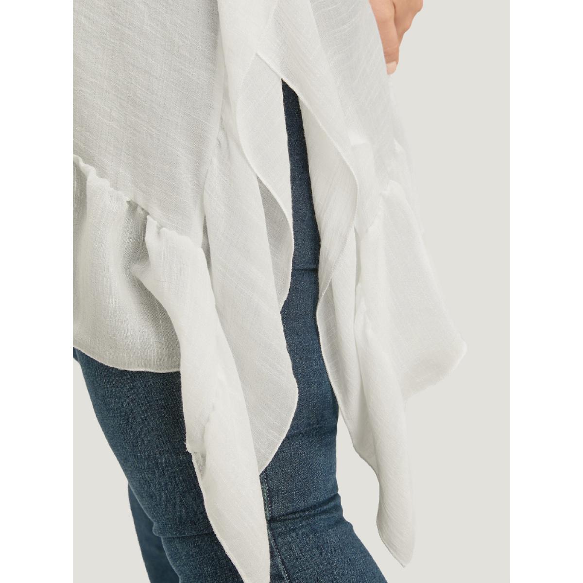 Plus Size Solid Ruffle Trim Dolman Sleeve Lace Asymmetrical Hem Knit Top White Women Elegant Short sleeve V-neck Dailywear Pullovers BloomChic 18-20/2X Product Image