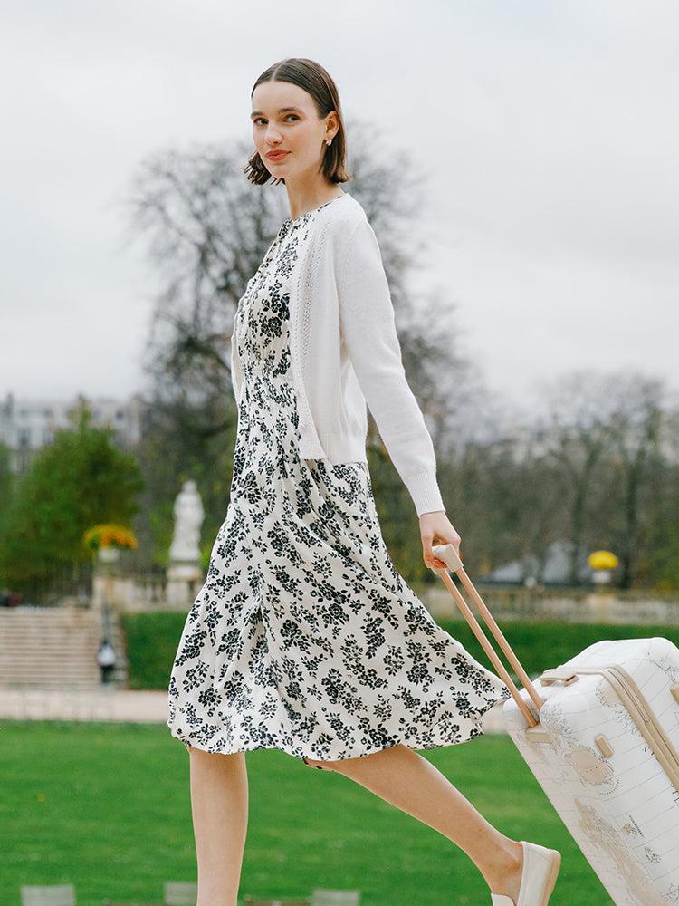 Camellia Print Gathered Waist Women Midi Dress Product Image