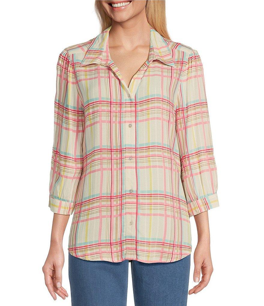 Allison Daley Coral Plaid Print 3/4 Sleeve Point Collar Button Front Shirt Product Image