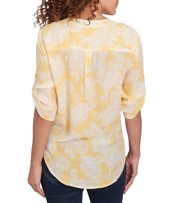 Ruby Rd. Paisley Woven Split V-Neck Elbow Length Roll-Tab Sleeve Button-Front Top Product Image