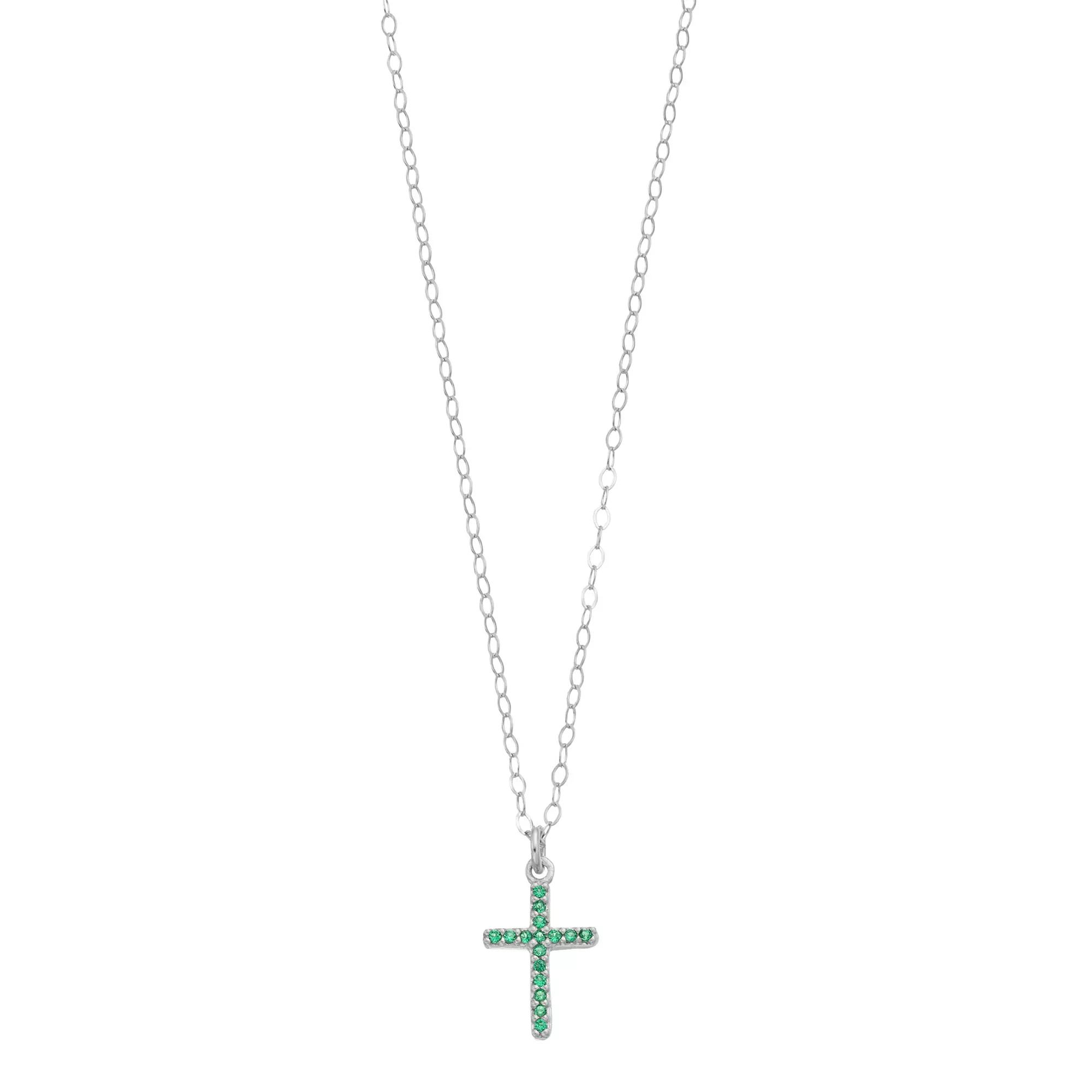 Aleure Precioso Sterling Silver Lab-Created Gemstone Cross Pendant Necklace, Women's, Size: 16", Sterling Silver Green Product Image