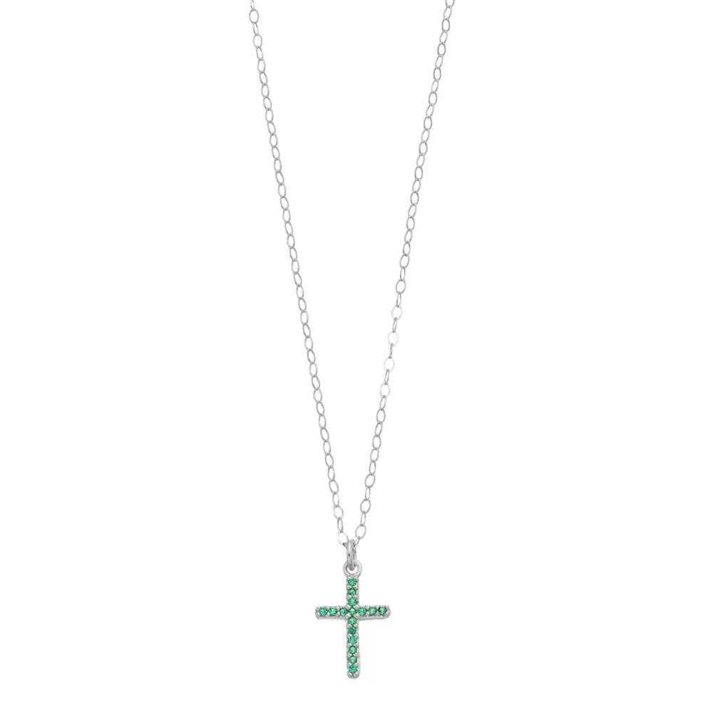 Aleure Precioso Sterling Silver Lab-Created Gemstone Cross Pendant Necklace, Women's, Size: 16", Sterling Silver Green Product Image