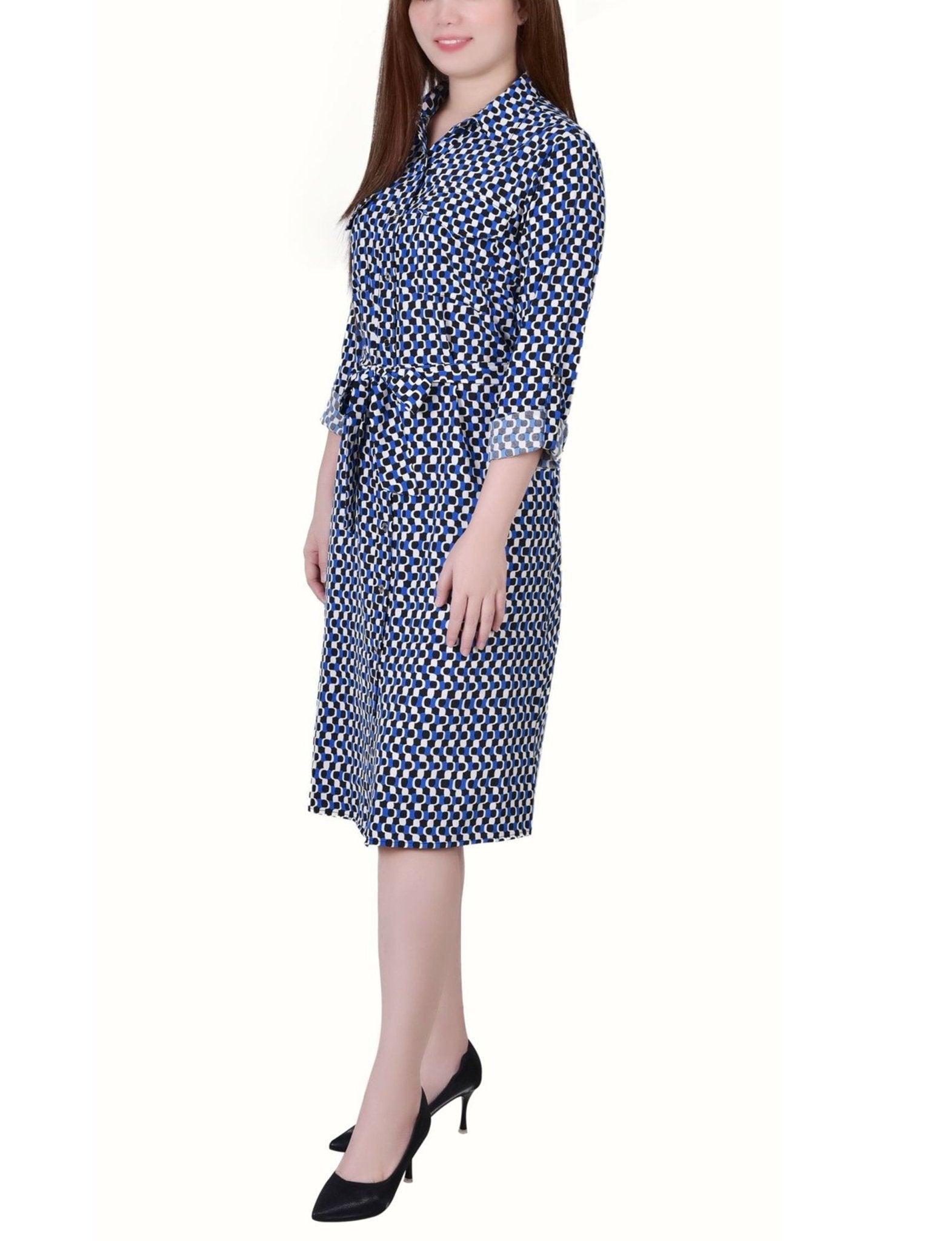 Cypress Inca Gold Navy Zigzag 3/4 Roll Tab Sleeve Belted Shirtdress - Petite Product Image