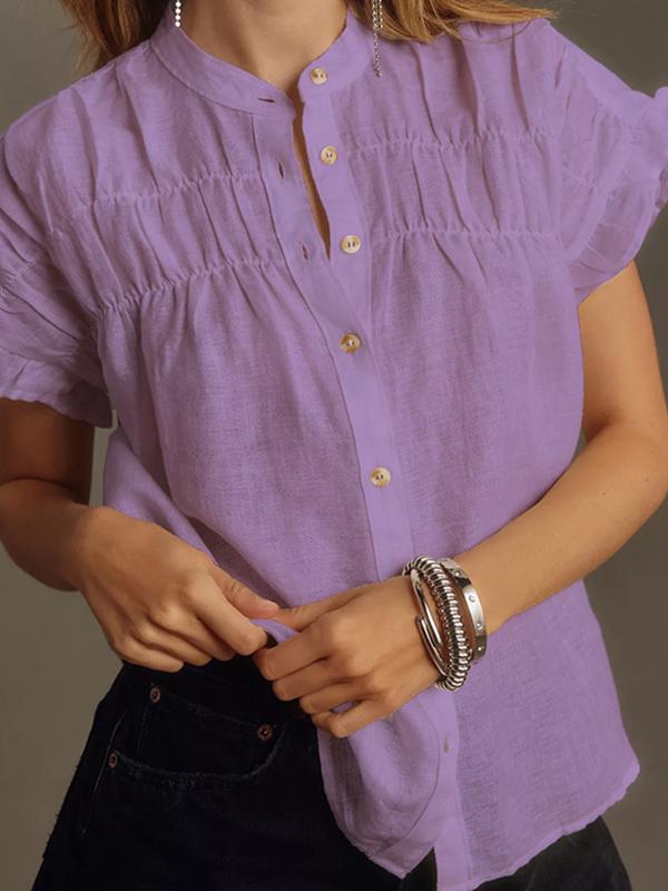 Loose Short Sleeves Pleated Ruffled See-Through Split-Joint Round-Neck Blouses&Shirts Tops Product Image
