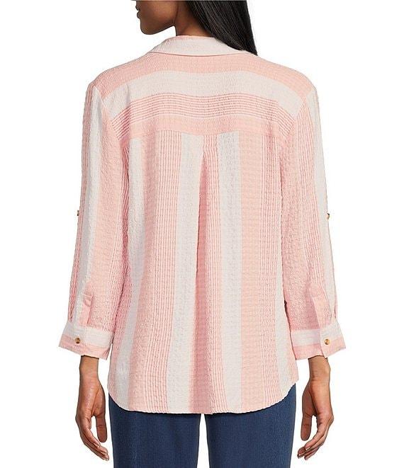 Intro Woven Stripe Point Collar Long Roll-Tab Sleeve Button Front Shirt Product Image