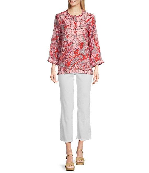 Calessa Petite Size Woven Embroidered Printed Split V-Neck Wrist Length Sleeve Tunic Product Image