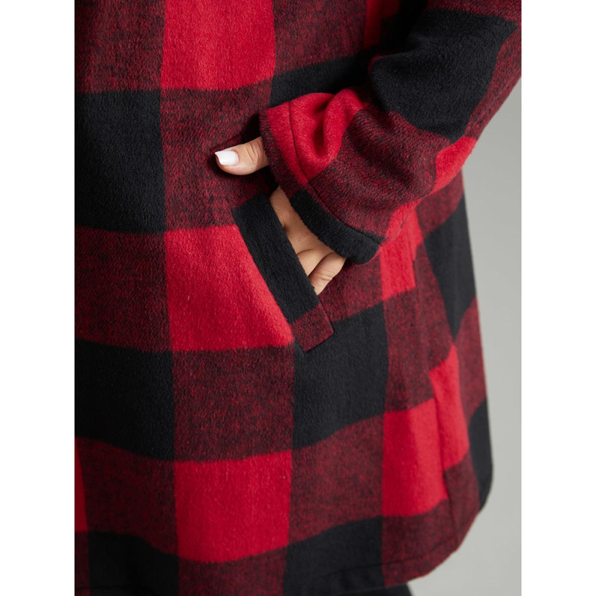 Plus Size Plaid Print Button Down Pocket Tunic Coat Women Crimson Casual Contrast Ladies Dailywear Winter Coats BloomChic 30/6X Product Image