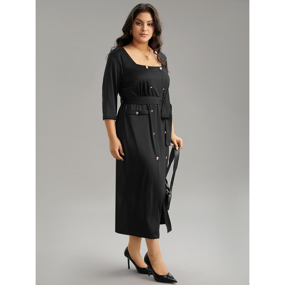 Plus Size Square Neck Metal Detail Belted Gathered Dress Black Women Office Plain Square Neck Elbow-length sleeve Curvy Midi Dress BloomChic 10/M Product Image