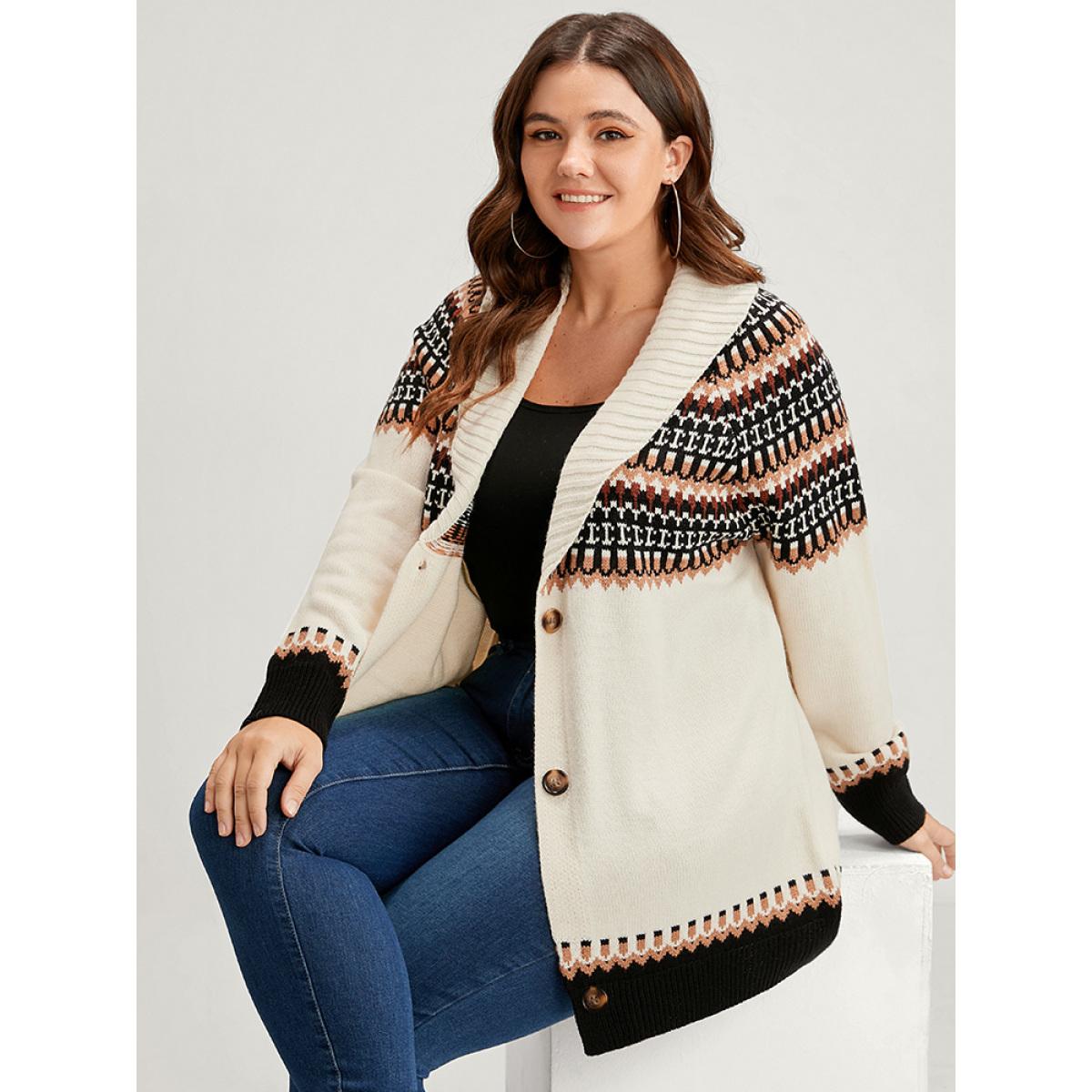 Plus Size Fair Isle Pointelle Knit Belted Jacquard Button Front Cardigan Multicolor Women Casual Loose Long Sleeve Dailywear Cardigans BloomChic 22-24/3X Product Image
