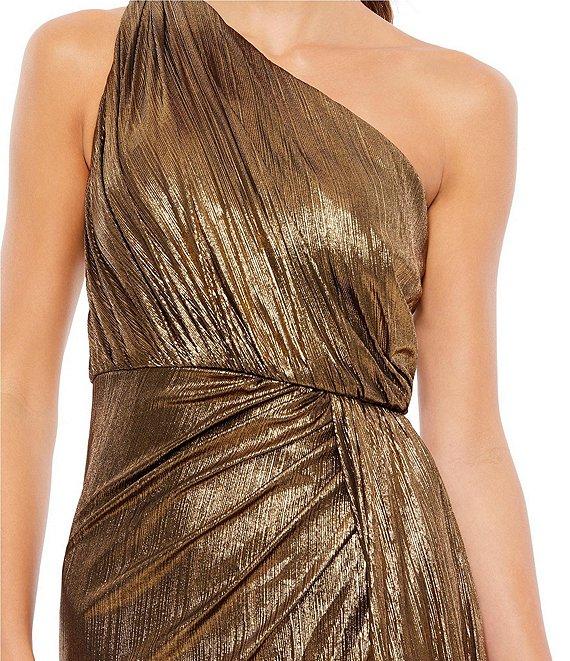 Mac Duggal Metallic Ruched Asymmetrical One Shoulder Sleeveless Thigh High Slit Faux Wrap Gown Product Image