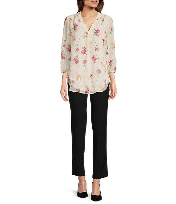 Jones New York Clip Dot Chiffon Floral Printed V-Neck 3/4 Sleeve Tunic Product Image