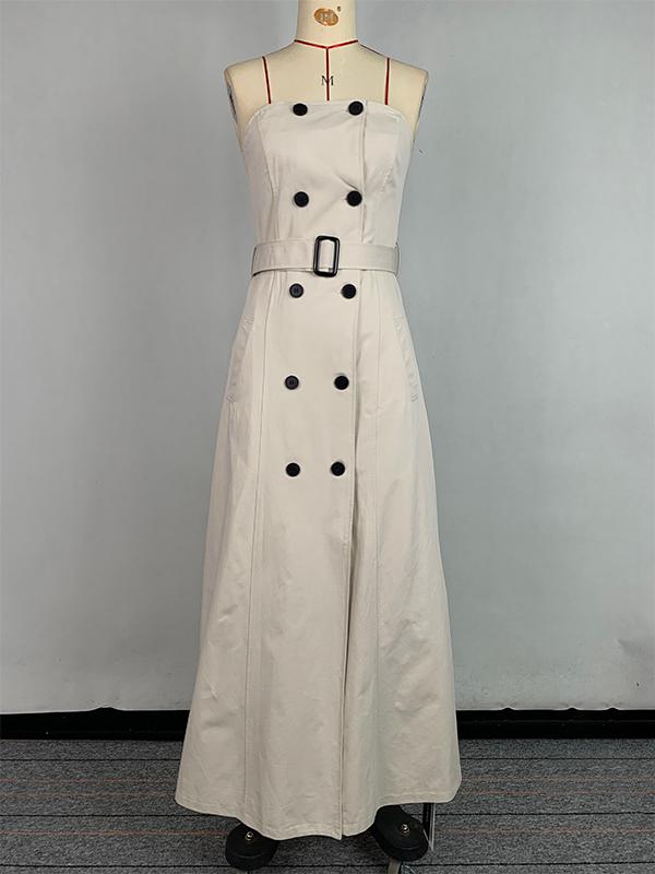 A-Line Loose Belted Buttoned Pockets Tube Maxi Dresses Product Image