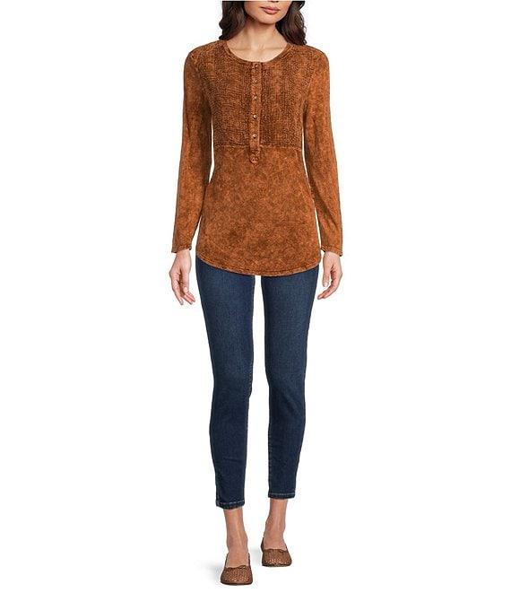 Reba Sadie Mix Media Henley Neck Long Sleeve Mineral Wash Shirt Product Image