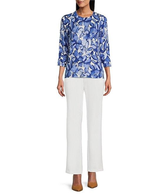 Investments Blue Floral Sketch 3/4 Sleeve Crew Neck Top Product Image