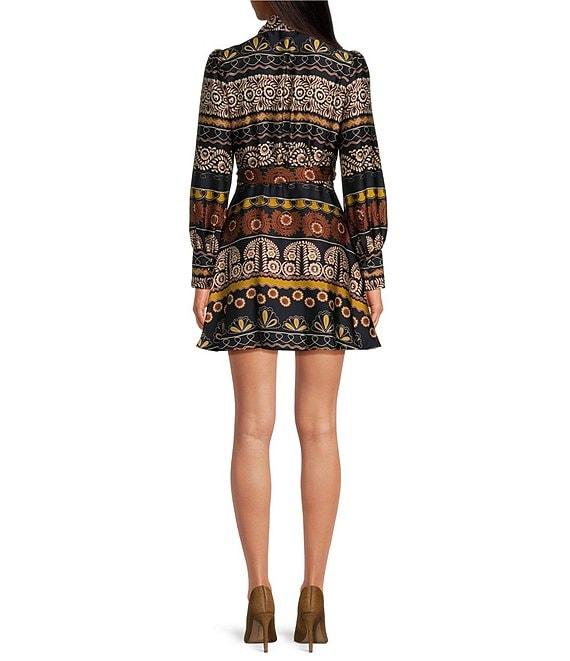 Chelsea & Violet Vanessa Floral Stripe Print Satin Shawl Collar V-Neck Long Blouson Sleeve Wrap Mini Dress Product Image