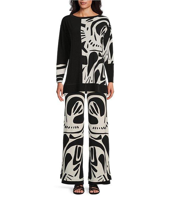 Eva Varro Abstract Print and Solid Combo Knit Jersey Boat Neck 3/4 Sleeve Tunic Product Image