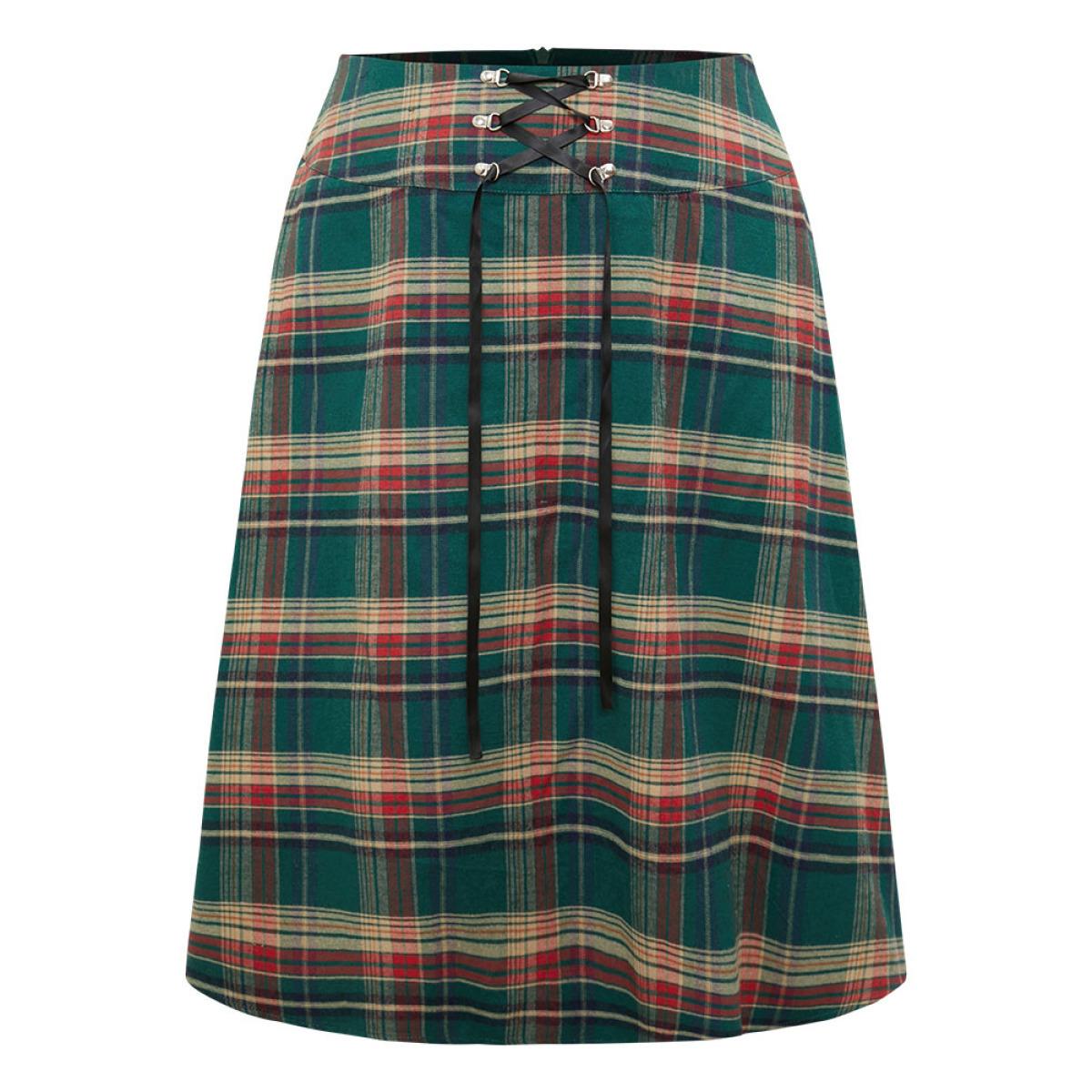 Plus Size Plaid Lace Up Pocket Cropped Skirt Women DarkGreen Party Style accents No stretch Pocket Festival-Christmas Skirts BloomChic 10/M Product Image