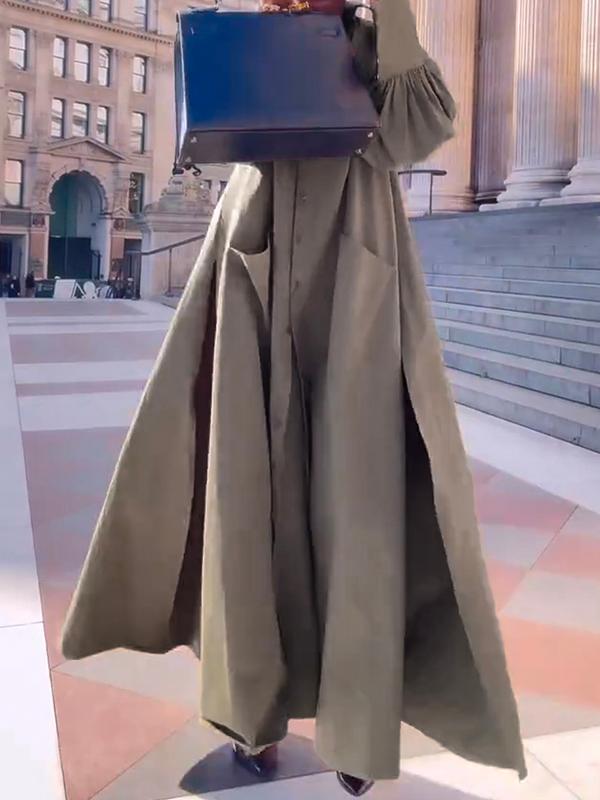 Long Sleeves Loose Solid Color Split-Joint Split-Side Lapel Maxi Dresses Shirt Dress Product Image