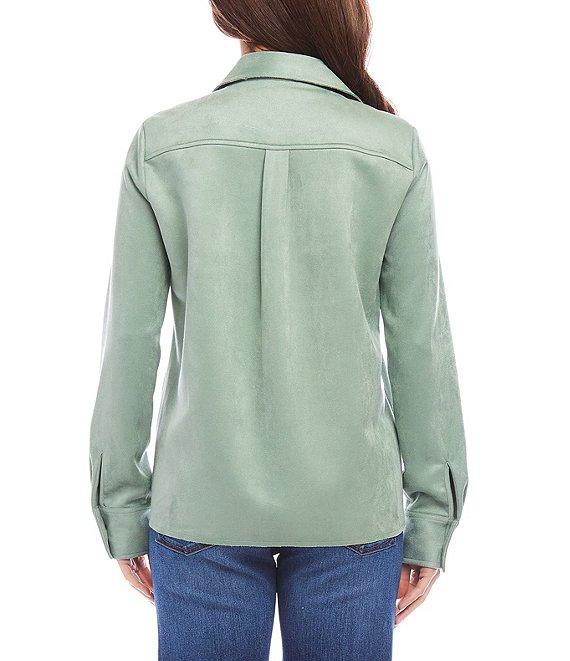 Karen Kane Stretch Faux Suede Collared Neckline Long Sleeve Button Front Shirt Product Image