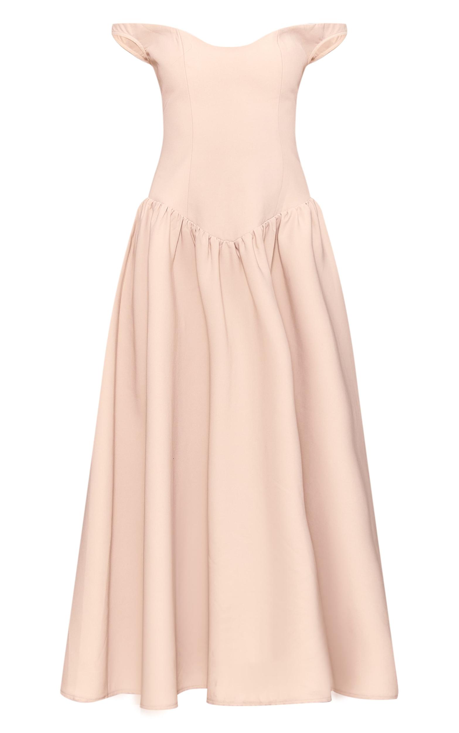 Cream Woven Dipped Bardot Ruched Midaxi Dress Product Image