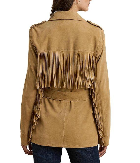 Lauren Ralph Lauren Fringe Trim Goat Suede Notch Collar Belted Jacket Product Image
