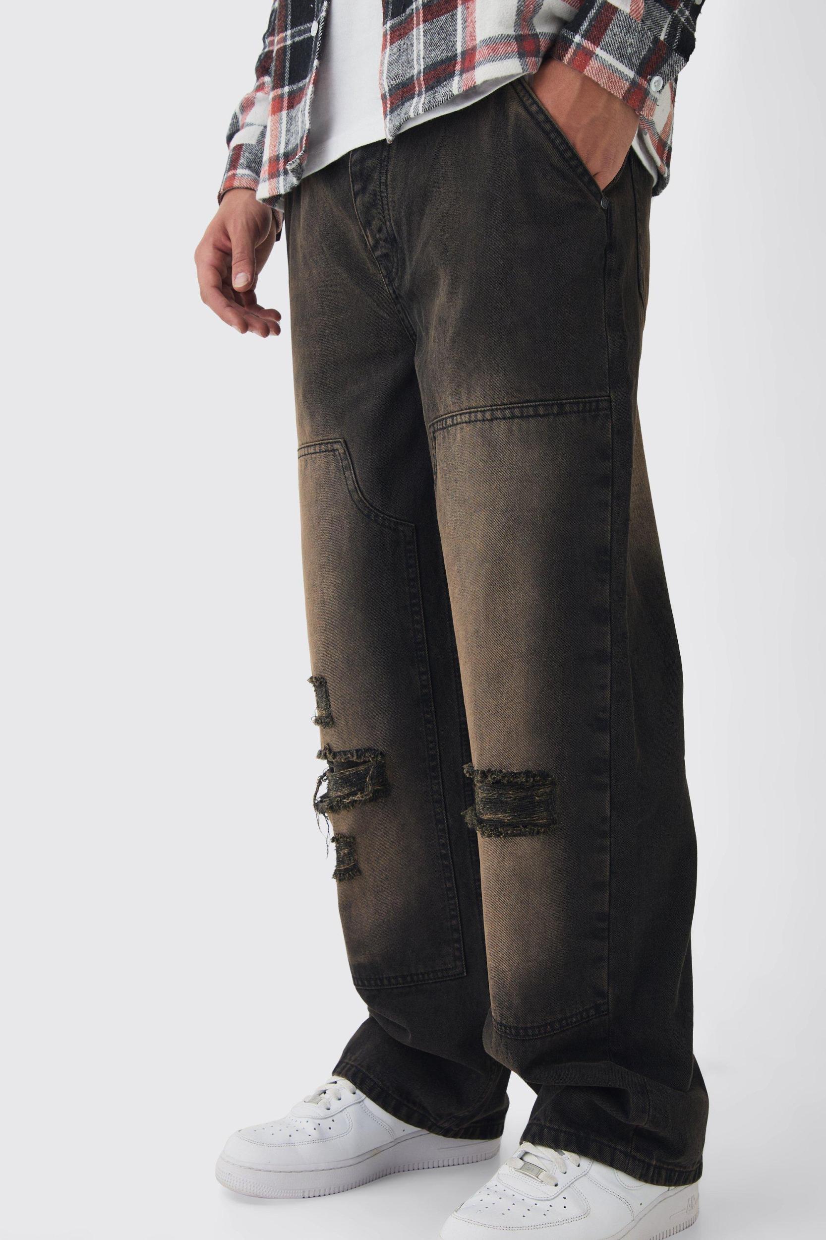 Relaxed Rigid Dirty Wash Ripped Carpenter Denim Jeans | boohooMAN USA Product Image
