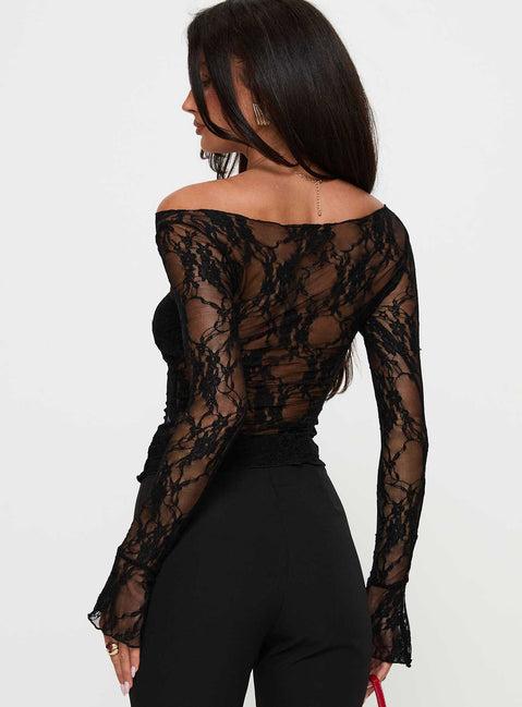 Junah Sheer Lace Long Sleeve Top Black Product Image