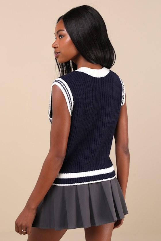 Collegiate Charm Navy Blue and Ivory Sweater Vest Top Product Image