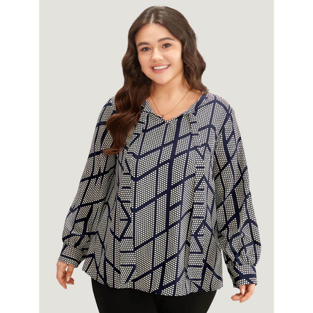 Plus Size Indigo Polka Dot Knot Neck Blouse Women Office Long Sleeve Tie Neck Work Blouses BloomChic 22-24/3X Product Image