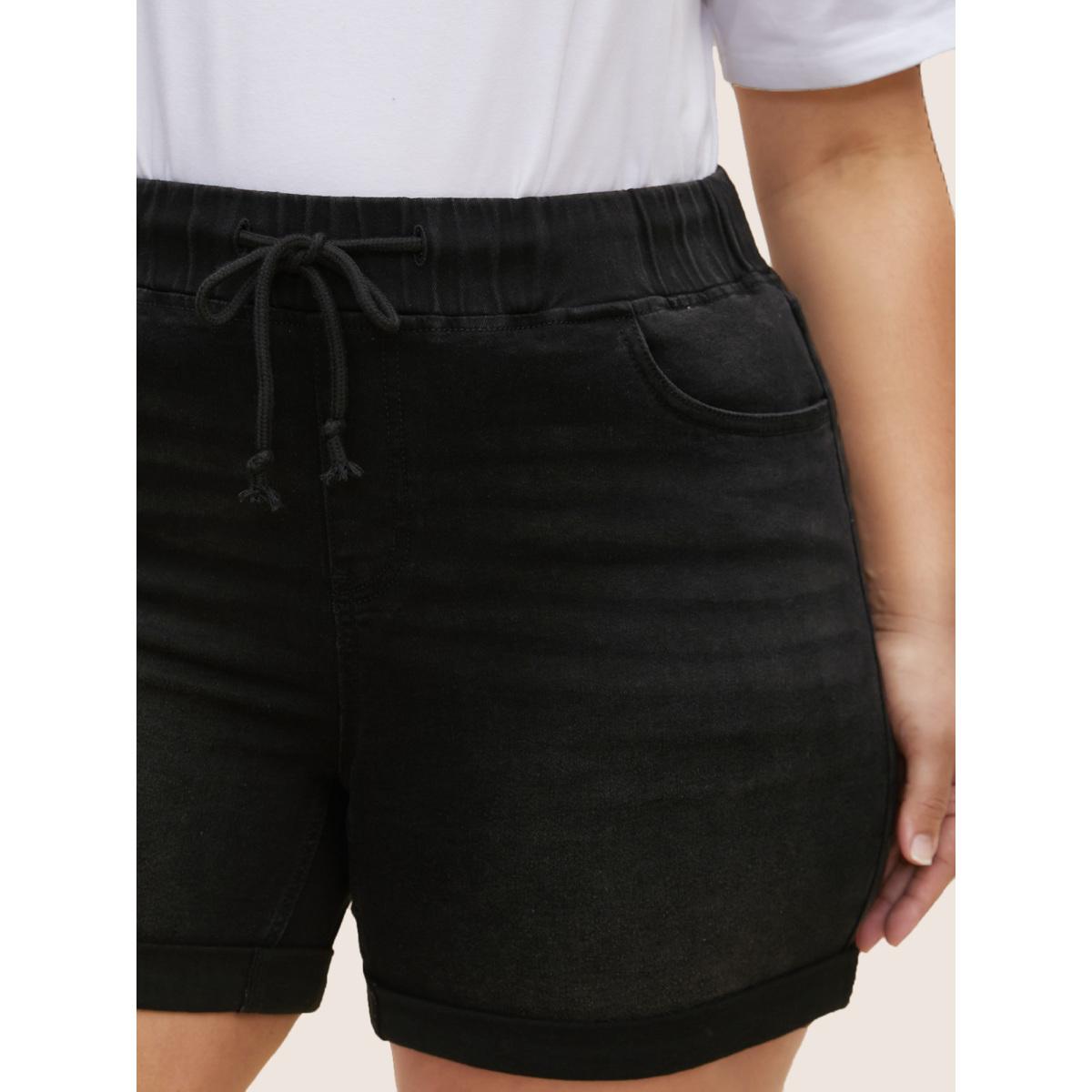Plus Size Distressed Drawstring Roll Hem Denim Shorts Women Black Drawstring High stretch Casual Slanted pocket Leisure Denim Shorts BloomChic 30/6X Product Image