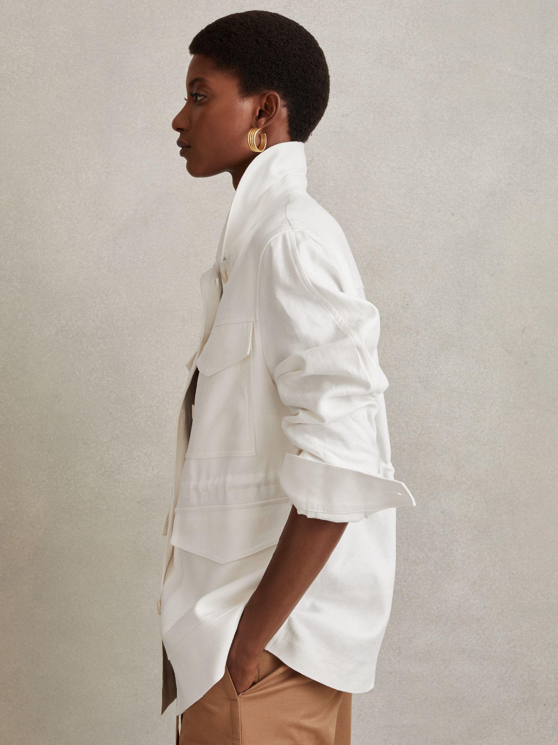 Linen Blend Drawstring Overshirt in White Product Image