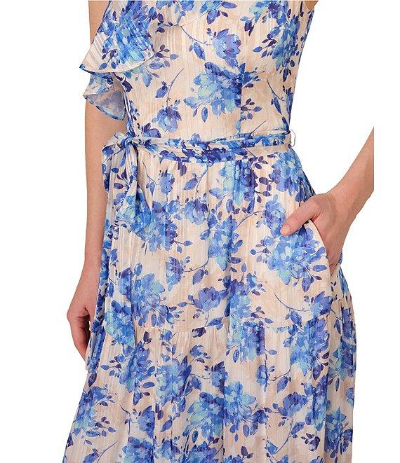 Adrianna Papell Floral Stripe Satin One Shoulder Ruffle Trim Belted A-Line Maxi Dress Product Image