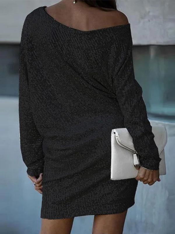 A-Line Loose Asymmetric Sequined Solid Color One-Shoulder Mini Dresses Product Image