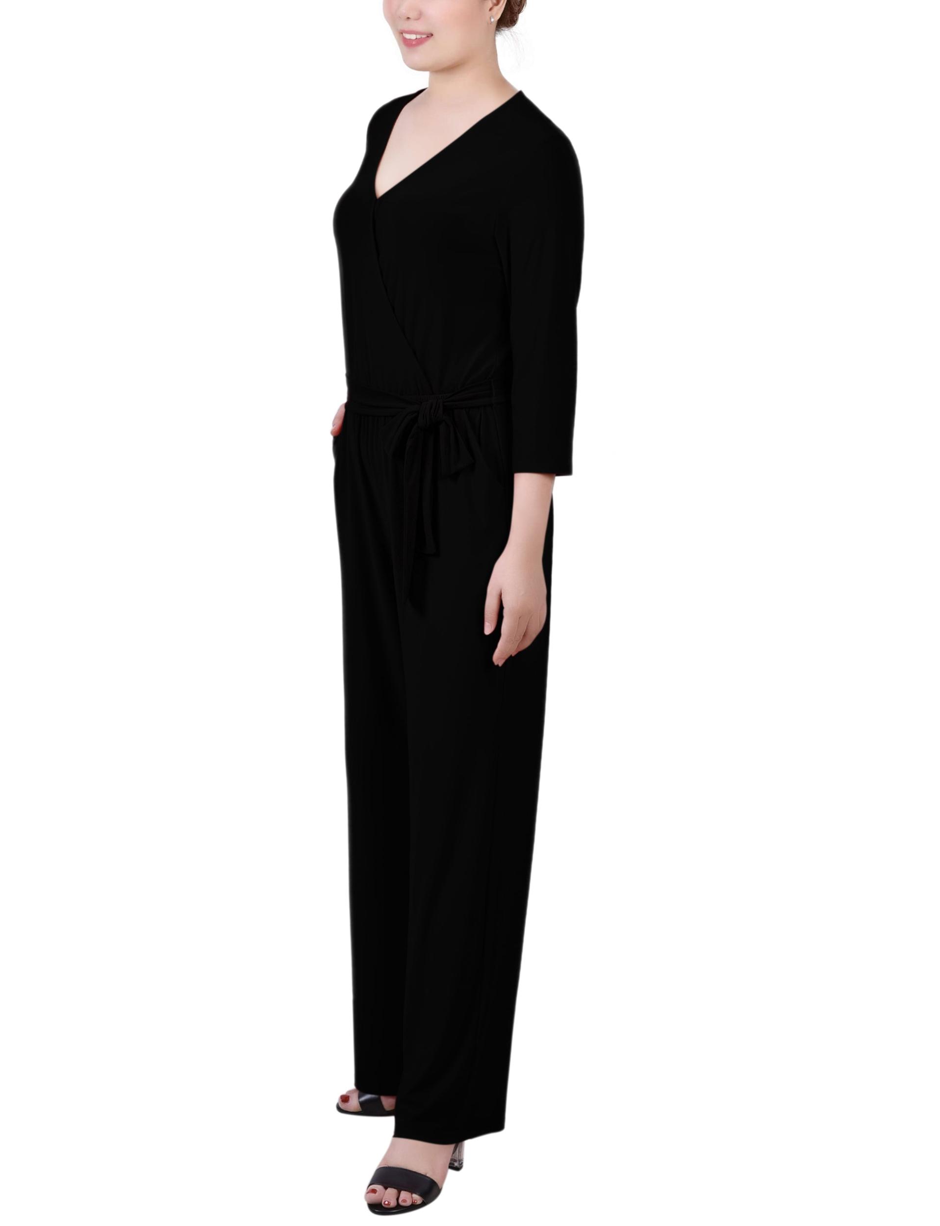Black 3/4 Sleeve Belted Jumpsuit - Petite Short Product Image