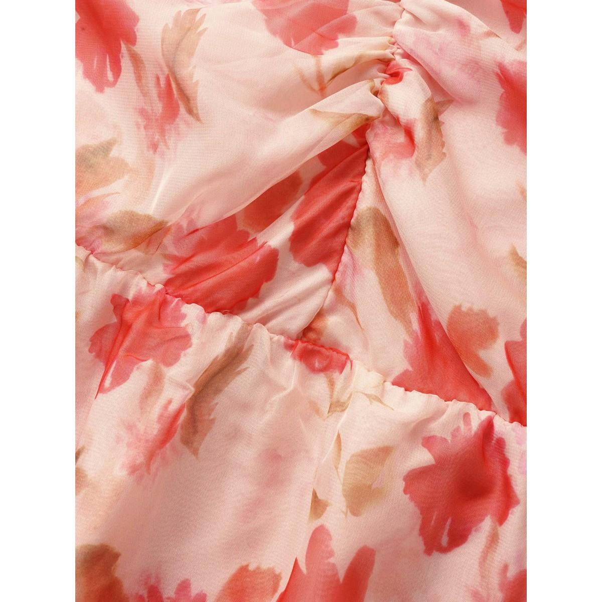 Plus Size Multicolor Floral Elastic Waist Mesh Ruched Blouse Women Elegant Short sleeve Heart neckline Everyday Blouses BloomChic 14-16/1X Product Image