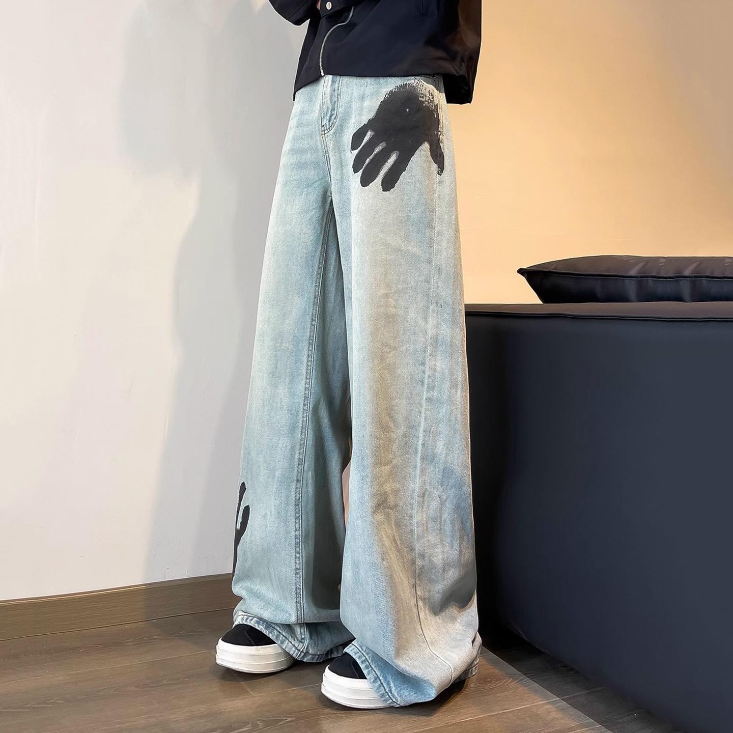 Sopula Retro Street Hiphop Palm Print Jeans Product Image