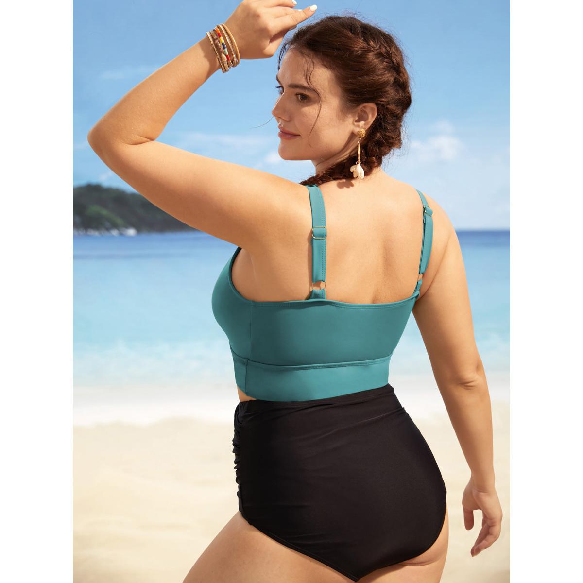 Plus Size Solid Ruffle Surplice Neck Trim Swim Top Women's Swimwear Teal Beach Ruffles High stretch Skinny Overlap Collar Curve Swim Tops BloomChic 22-24/3X Product Image