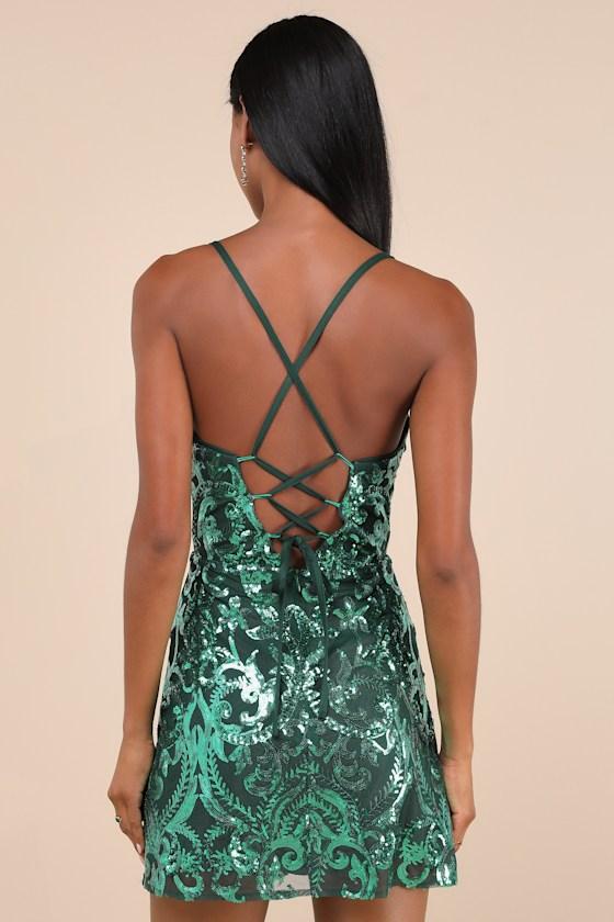 Divine Energy Emerald Sequin Lace-Up A-line Mini Dress Product Image