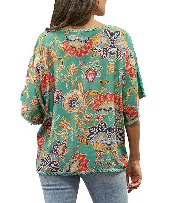 Karyn Seo Embroidered V-Neck Short Sleeve Printed Back Blouse Product Image