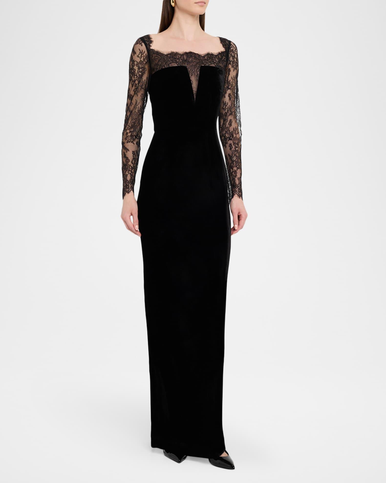 Lace Long-Sleeve Velvet Column Gown Product Image