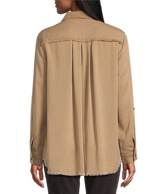 Multiples Lyocell Twill Point Collar Long Roll-Tab Sleeve Button-Front Fringed Shirt Product Image