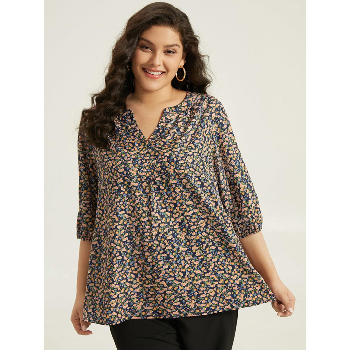 Plus Size Multicolor Ditsy Floral Notched Elastic Cuffs Blouse Women Elegant Elbow-length sleeve V-neck Dailywear Blouses BloomChic 12/L Product Image