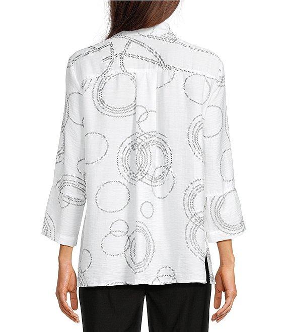 Ali Miles Petite Size Woven Geometric Print Point Collar 3/4 Sleeve Button Front Tunic Product Image