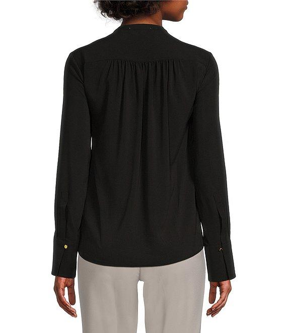 Calvin Klein Solid Crepe de Chine Split V-Neck Long Sleeve Blouse Product Image
