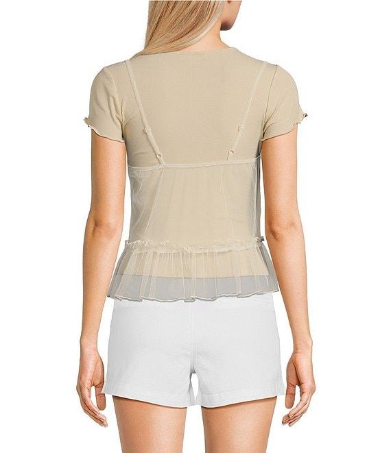 Honey & Sparkle Short Sleeve Taupe T-Shirt Layered Embroidered Tulle Babydoll Cami Top Product Image