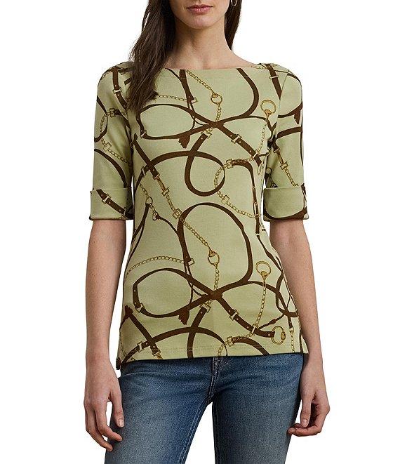 Lauren Ralph Lauren Printed Boatneck Elbow Length Sleeve Tee Shirt Product Image