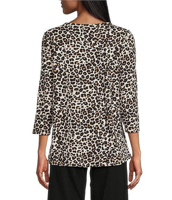 Intro Knit Jersey Animal Print 3/4 Sleeve Pleated Neck Tee Product Image