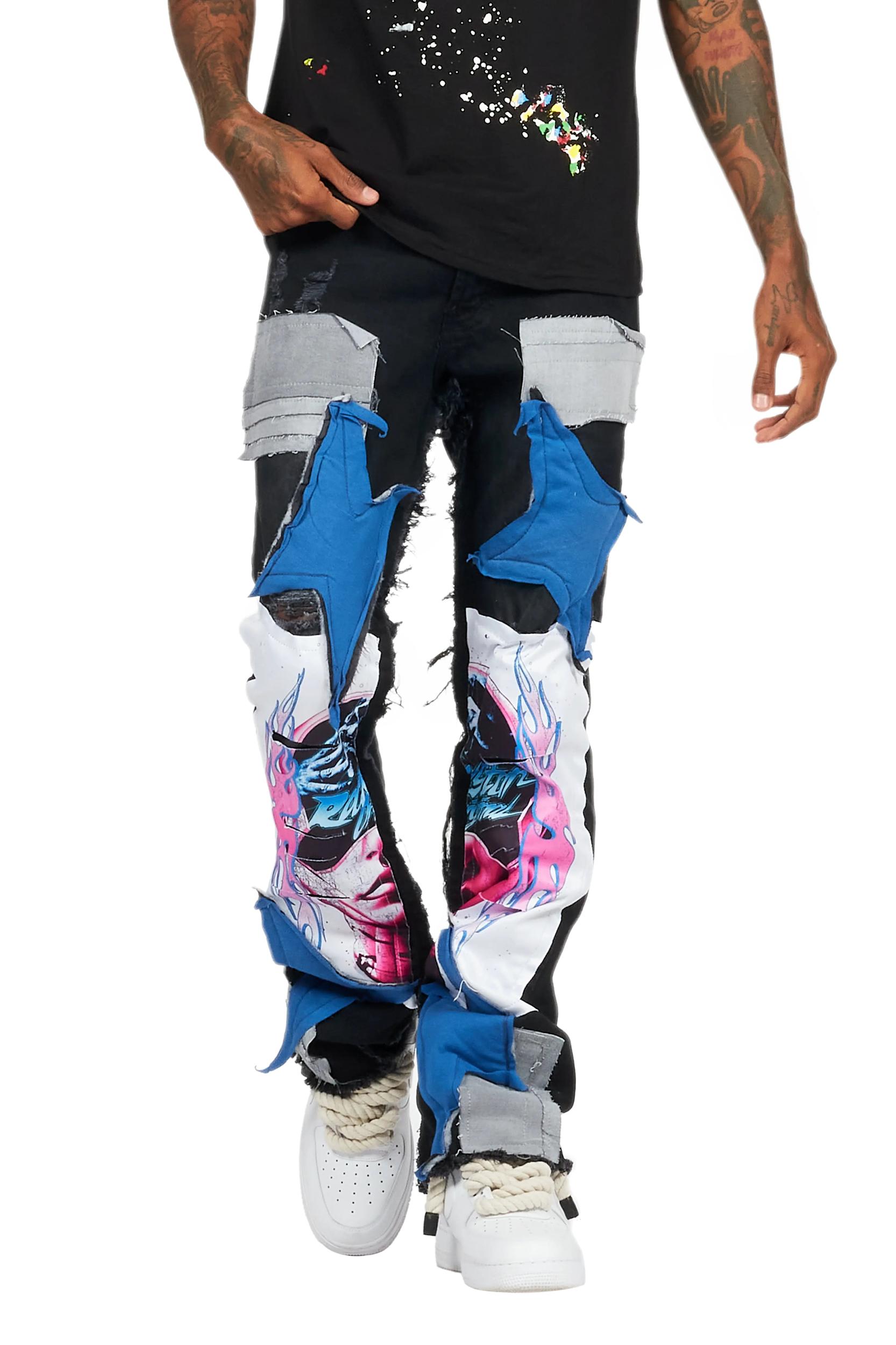 Helios Dark Grey Patchwork Stacked Flare Jean Male Product Image